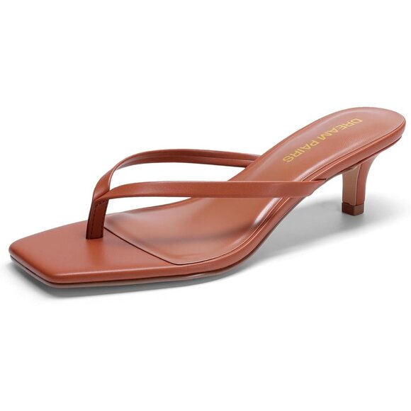Dream Pairs Women Brown Faux Leather  Square Open Toe  Low Heels Sandals Shoes - Picture 1 of 8